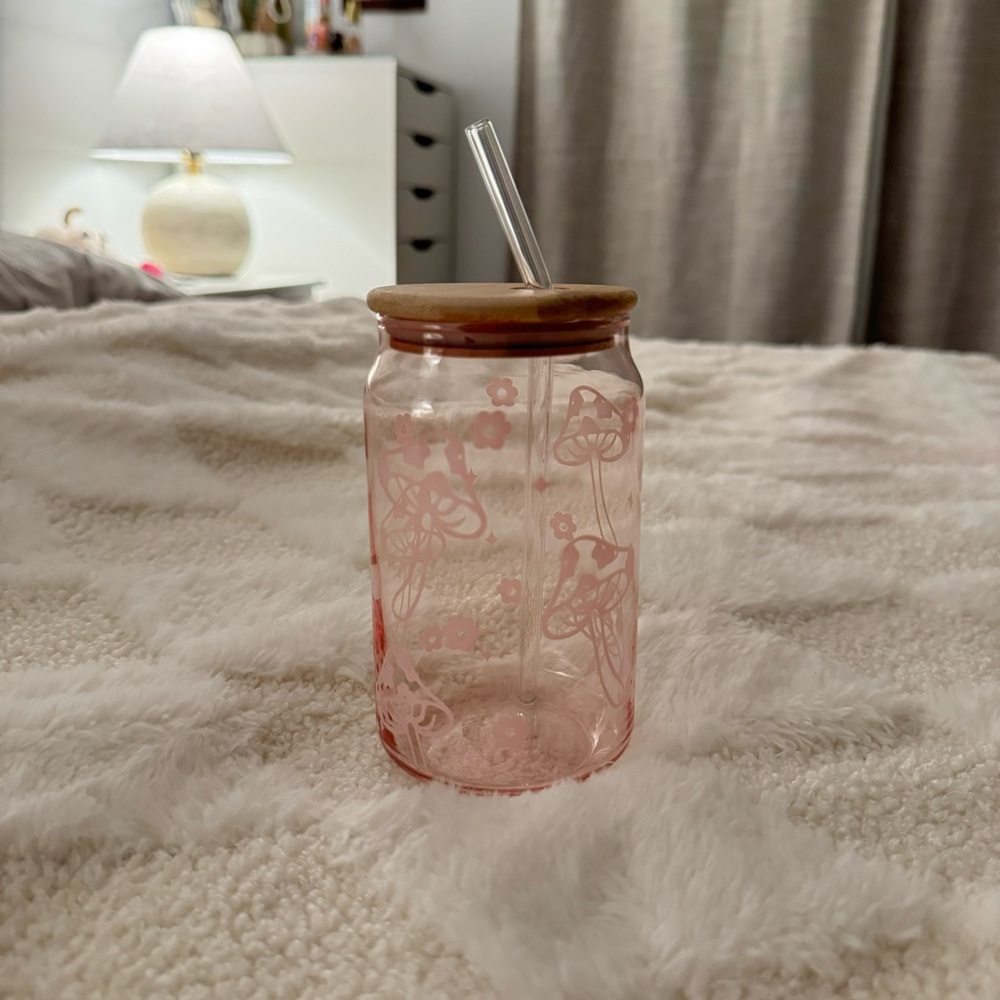 Pink Mushroom With Daisy Glass Cup With Glass Straw.